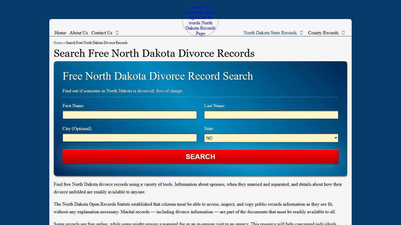 Search Free North Dakota Divorce Records